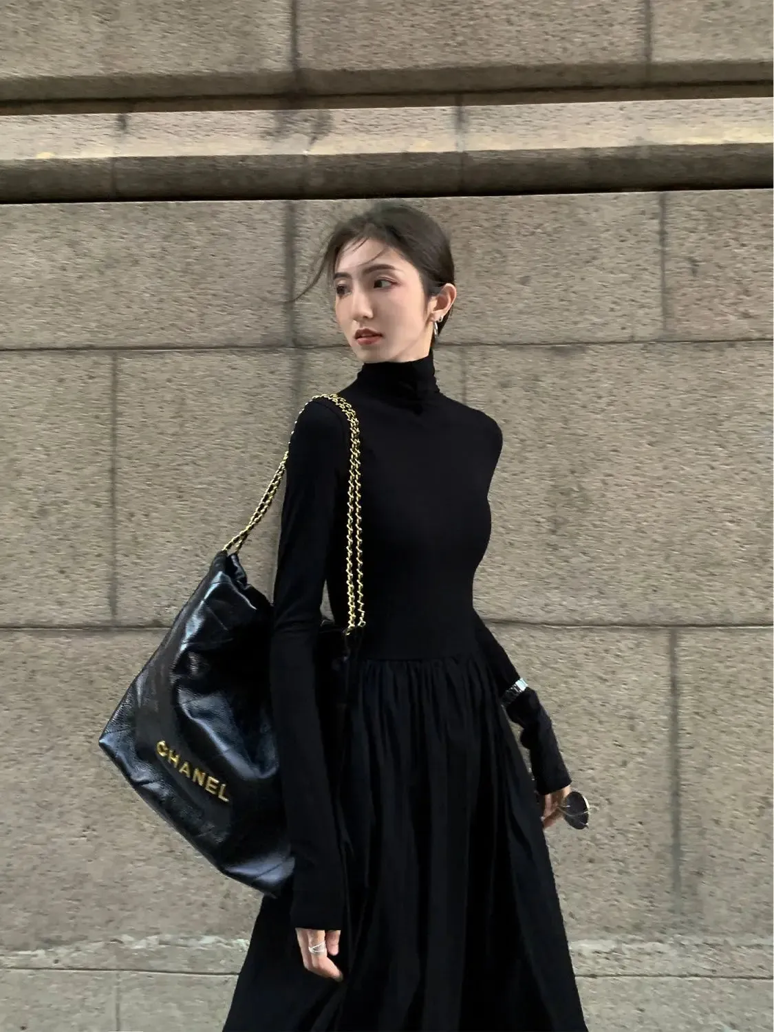 Autumn Winter Dress Women Elegant Long Sleeve Dresses Female Korean Fashion High Collar Long Dress Lady Vintage Chic Solid Robe