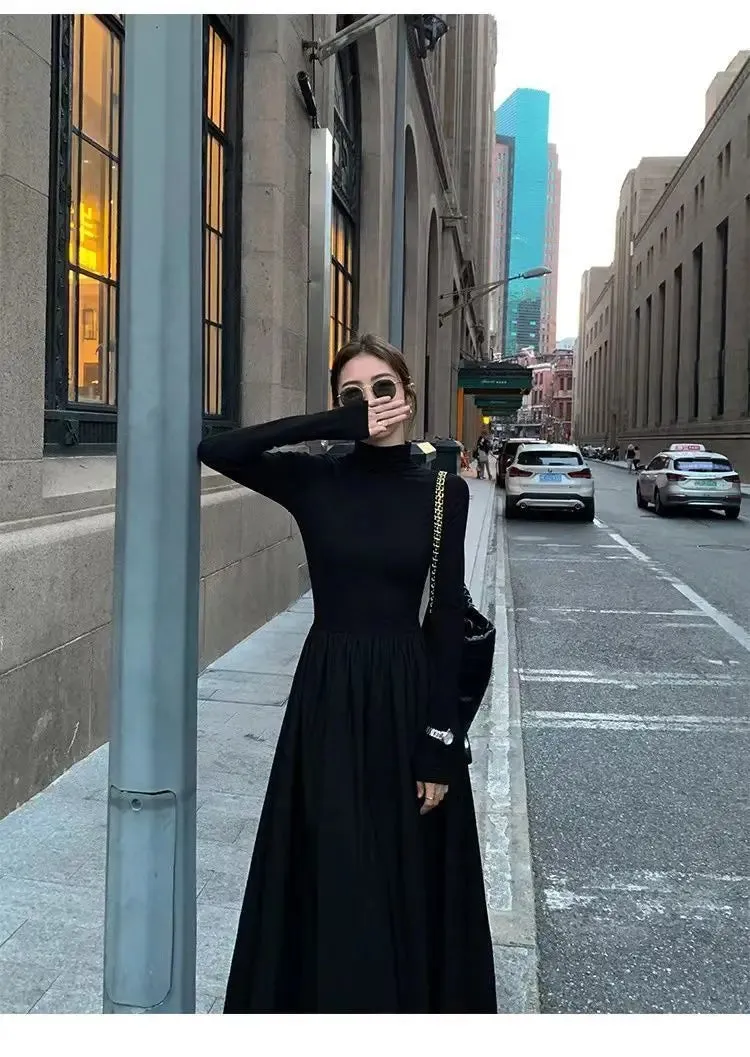 Autumn Winter Dress Women Elegant Long Sleeve Dresses Female Korean Fashion High Collar Long Dress Lady Vintage Chic Solid Robe