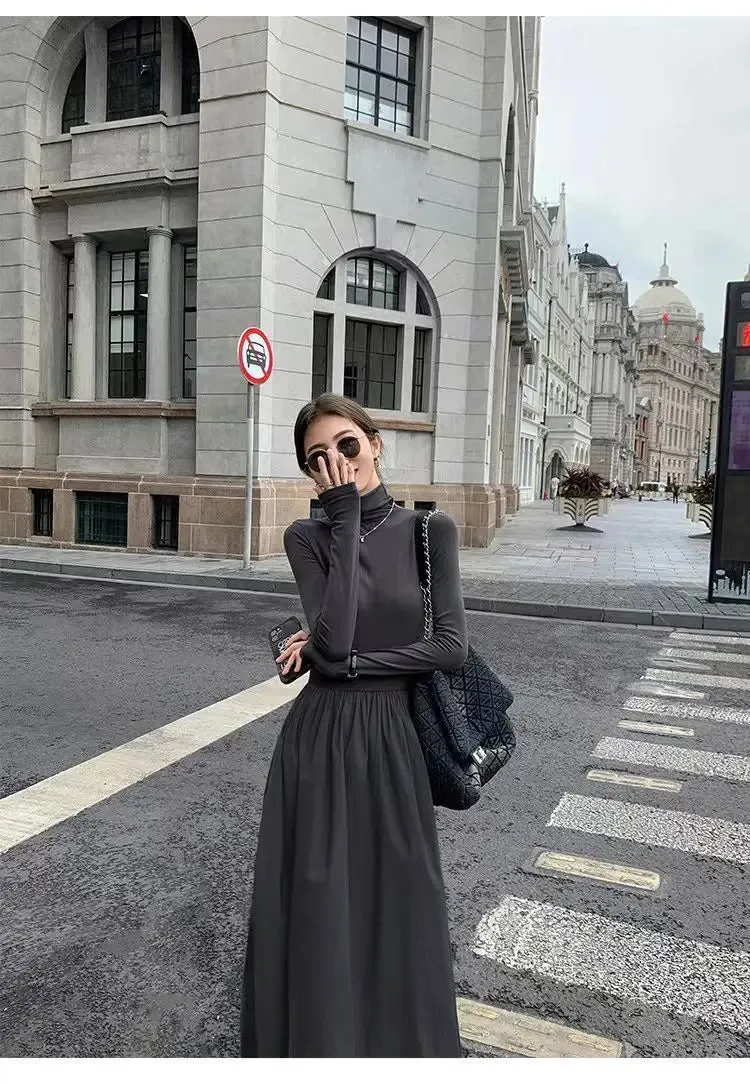 Autumn Winter Dress Women Elegant Long Sleeve Dresses Female Korean Fashion High Collar Long Dress Lady Vintage Chic Solid Robe