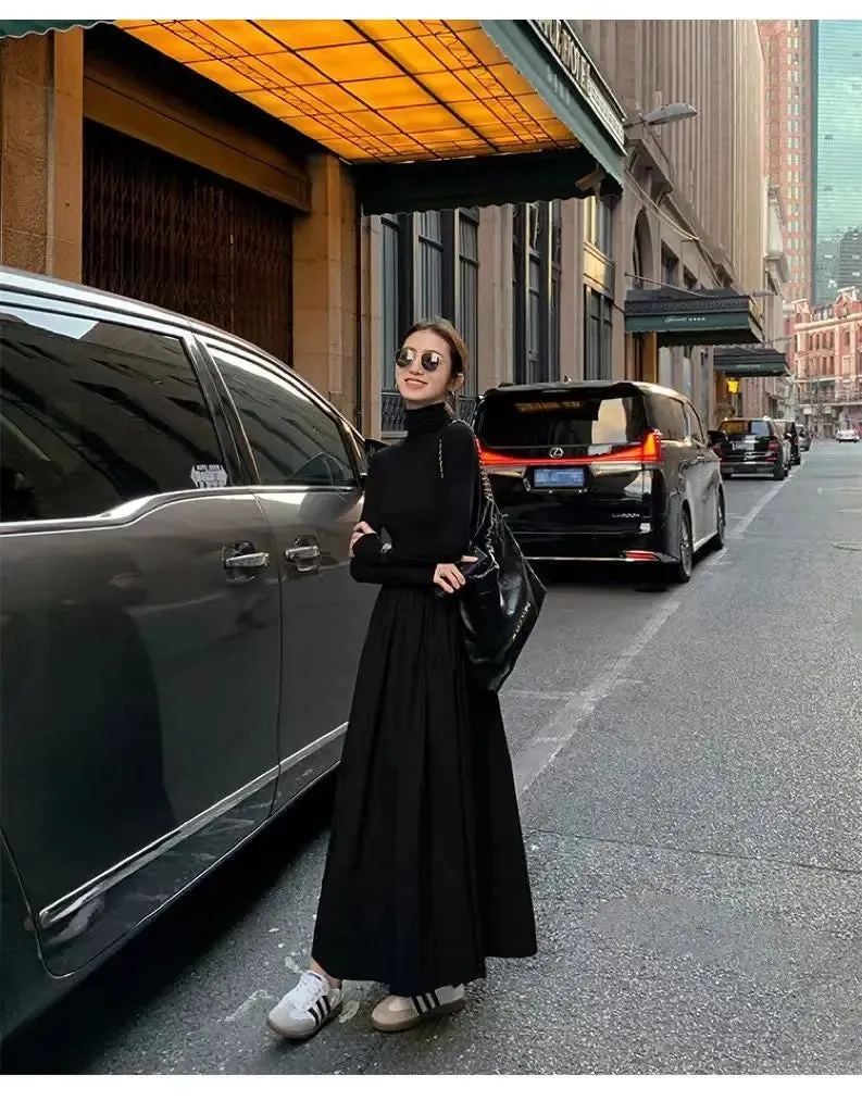 Autumn Winter Dress Women Elegant Long Sleeve Dresses Female Korean Fashion High Collar Long Dress Lady Vintage Chic Solid Robe
