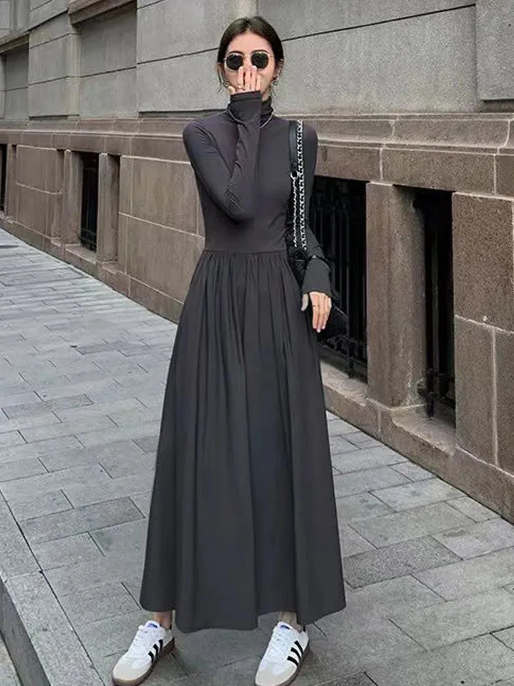 Autumn Winter Dress Women Elegant Long Sleeve Dresses Female Korean Fashion High Collar Long Dress Lady Vintage Chic Solid Robe
