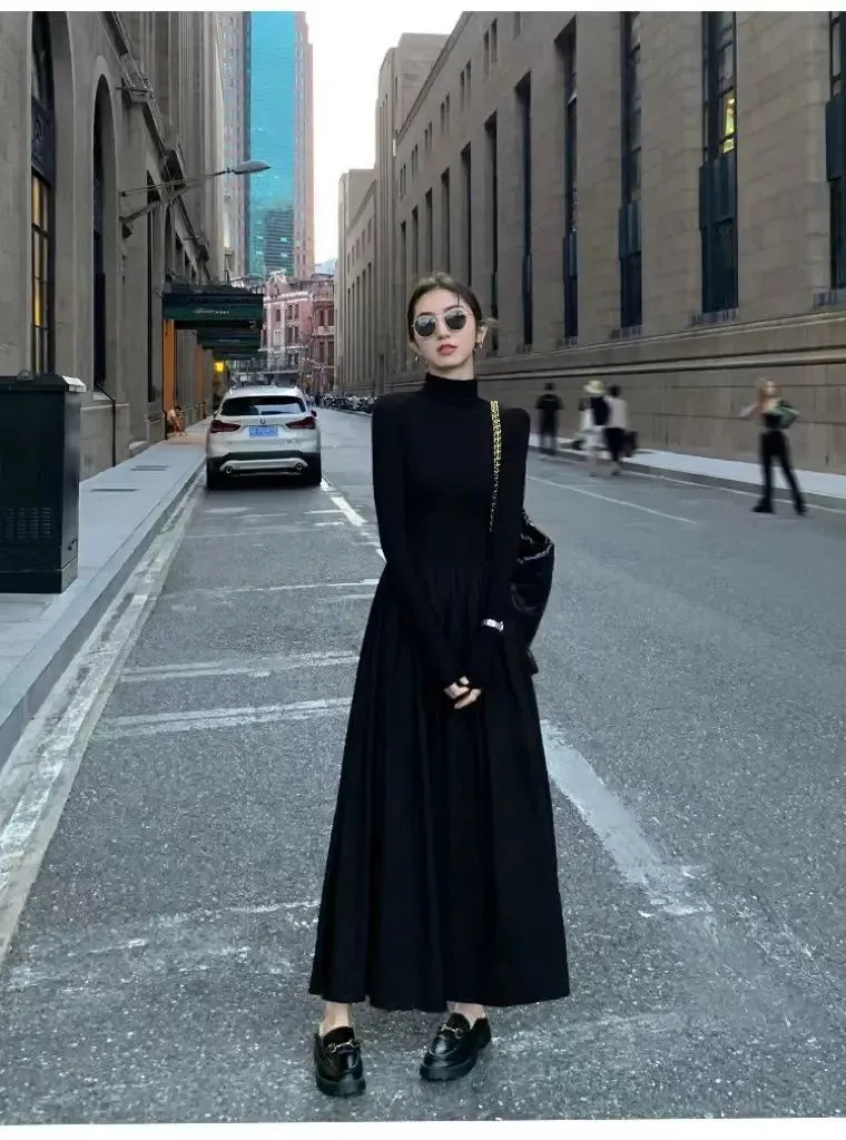 Autumn Winter Dress Women Elegant Long Sleeve Dresses Female Korean Fashion High Collar Long Dress Lady Vintage Chic Solid Robe