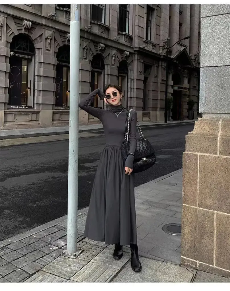 Autumn Winter Dress Women Elegant Long Sleeve Dresses Female Korean Fashion High Collar Long Dress Lady Vintage Chic Solid Robe