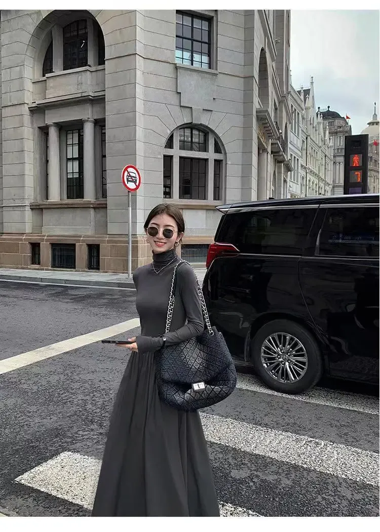 Autumn Winter Dress Women Elegant Long Sleeve Dresses Female Korean Fashion High Collar Long Dress Lady Vintage Chic Solid Robe