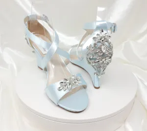 Baby Blue Bridal Wedges with Crystal Heel Design | Dyeable Shoes