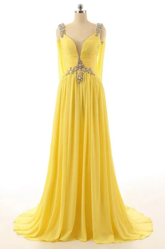 Backless A Line Yellow Beading Prom Dress