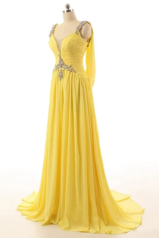 Backless A Line Yellow Beading Prom Dress