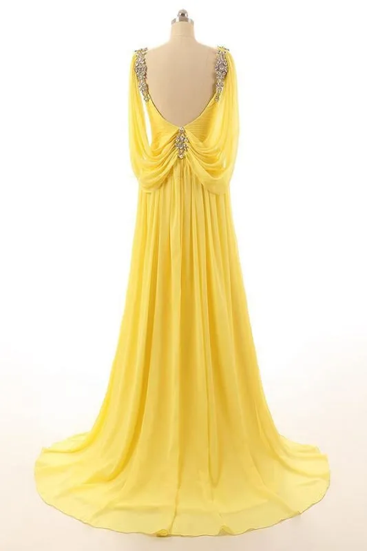 Backless A Line Yellow Beading Prom Dress