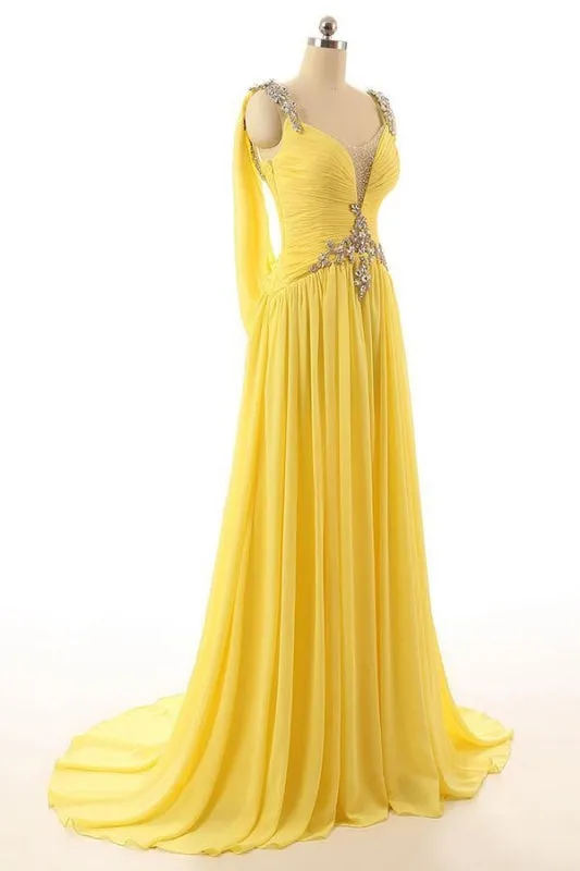 Backless A Line Yellow Beading Prom Dress