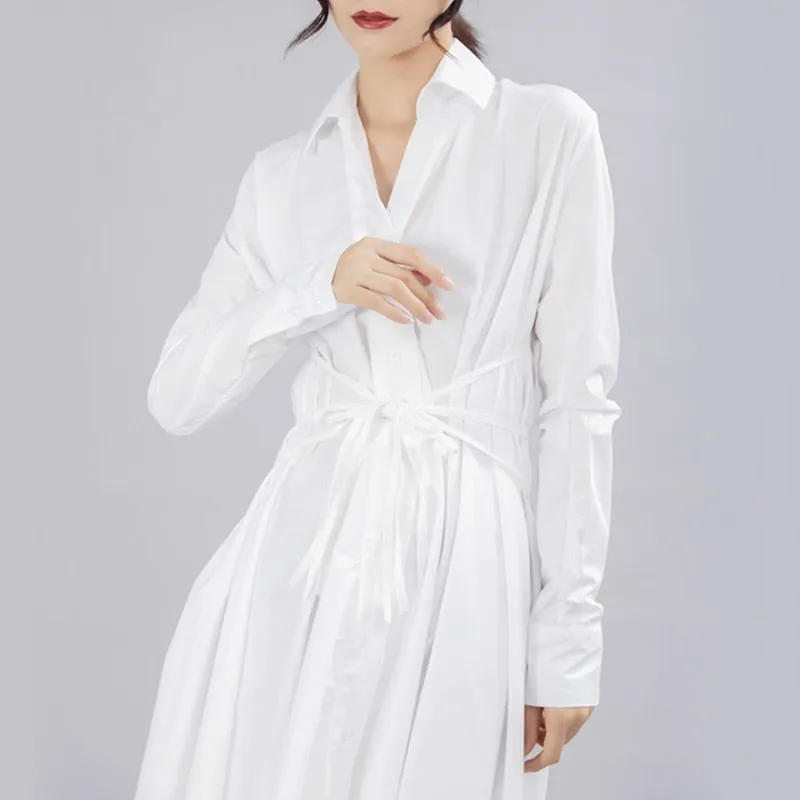 Bandage Stitch Pleated Shirt Dress Women Fashion Tide