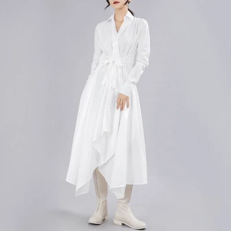Bandage Stitch Pleated Shirt Dress Women Fashion Tide