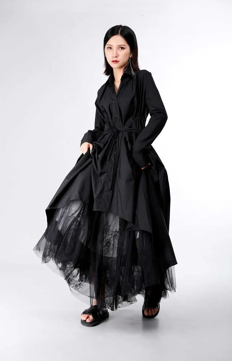 Bandage Stitch Pleated Shirt Dress Women Fashion Tide