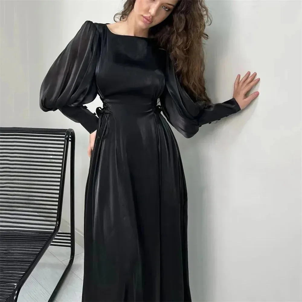 Bella Muslim Silk Satin Prom Dresses Modest A-line Wedding Dress Elegant Long Sleeves Ankle-Length Pleat Vestidos De Fiesta