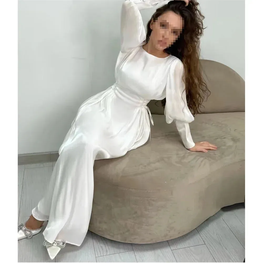 Bella Muslim Silk Satin Prom Dresses Modest A-line Wedding Dress Elegant Long Sleeves Ankle-Length Pleat Vestidos De Fiesta