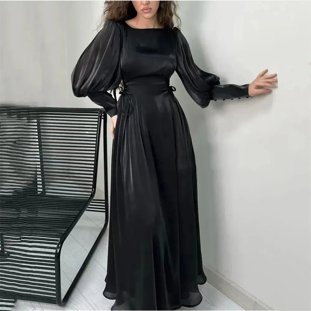 Bella Muslim Silk Satin Prom Dresses Modest A-line Wedding Dress Elegant Long Sleeves Ankle-Length Pleat Vestidos De Fiesta