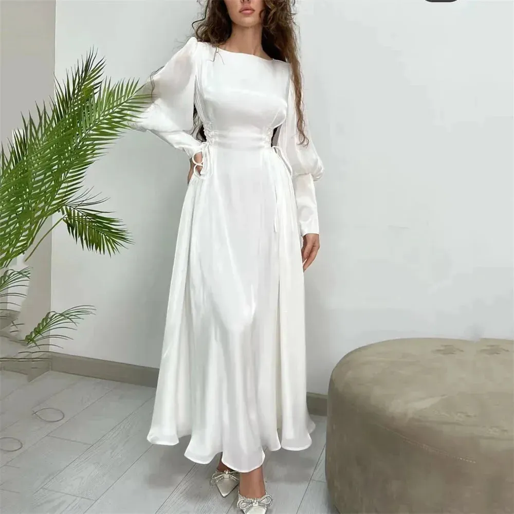 Bella Muslim Silk Satin Prom Dresses Modest A-line Wedding Dress Elegant Long Sleeves Ankle-Length Pleat Vestidos De Fiesta