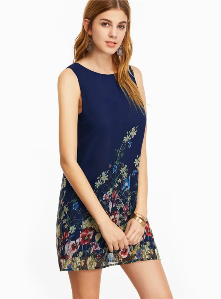 BerryBetty - Flower Print Scoop Neck Sleeveless A Line Dress