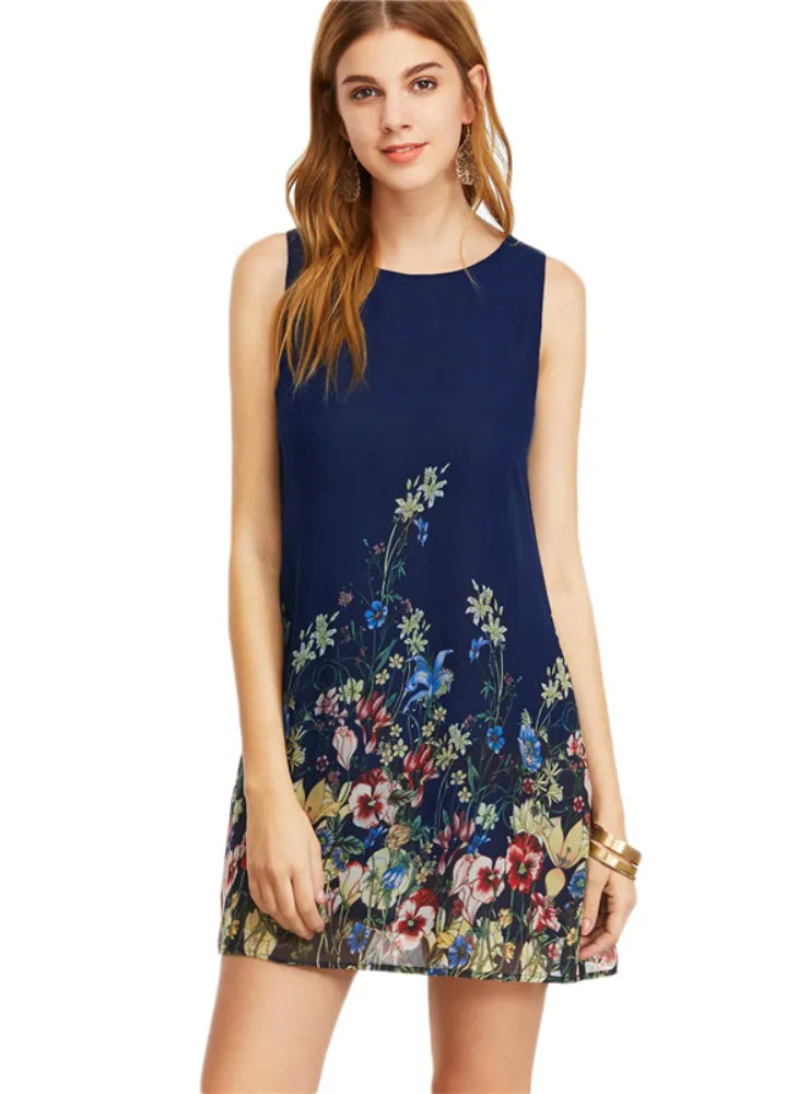 BerryBetty - Flower Print Scoop Neck Sleeveless A Line Dress
