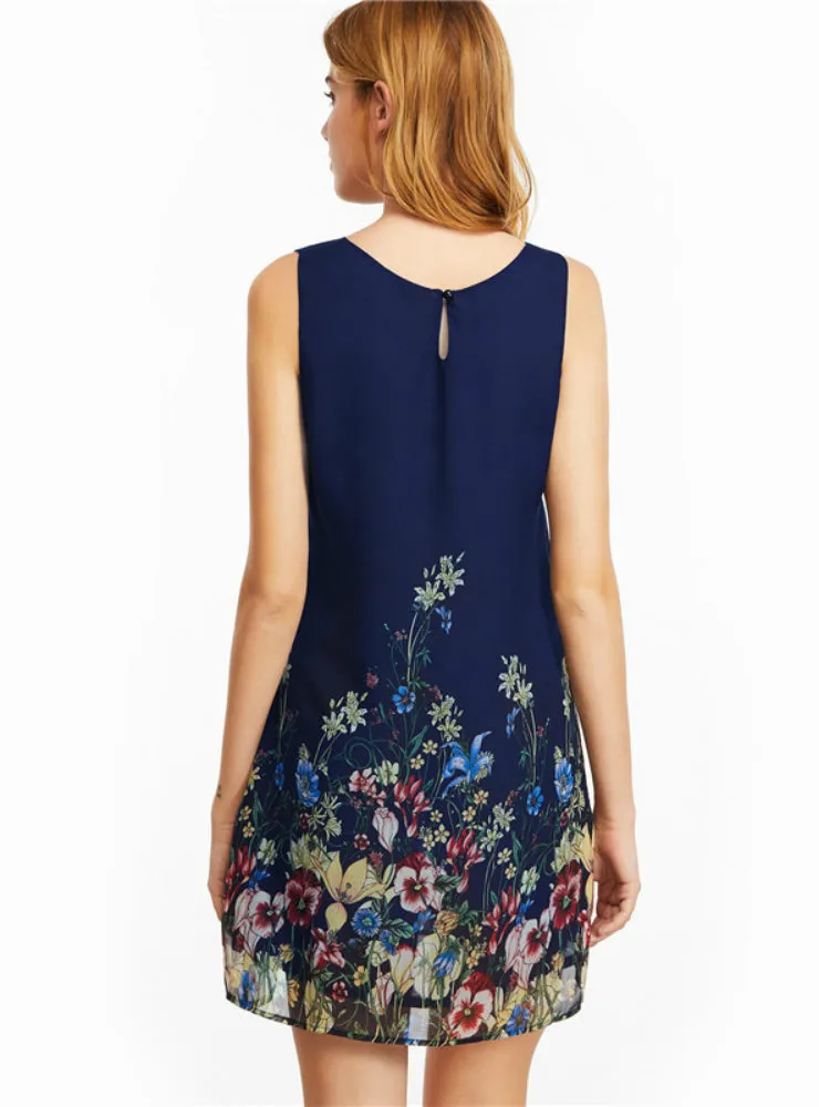 BerryBetty - Flower Print Scoop Neck Sleeveless A Line Dress