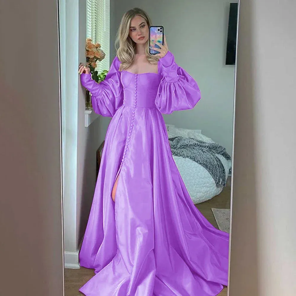 Bishop Sleeves High Slit Taffeta Long Gowns