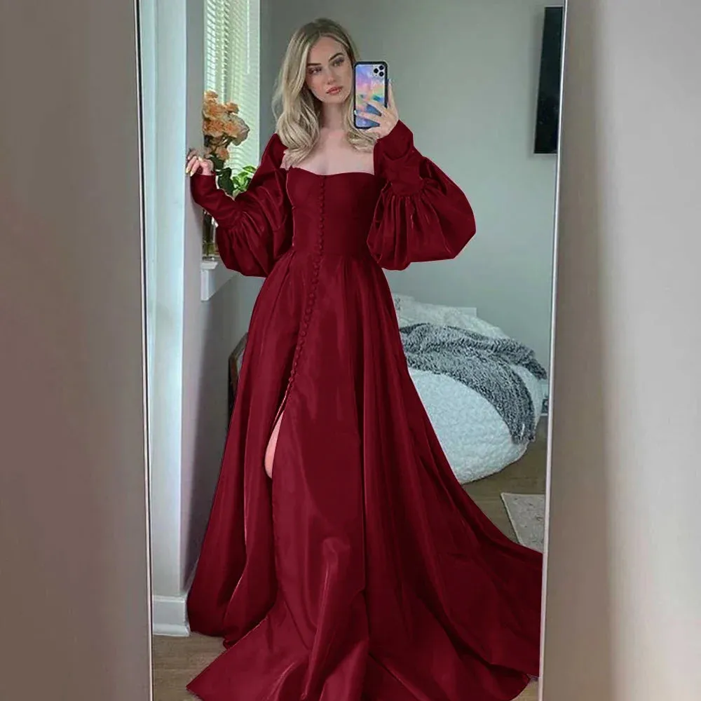 Bishop Sleeves High Slit Taffeta Long Gowns