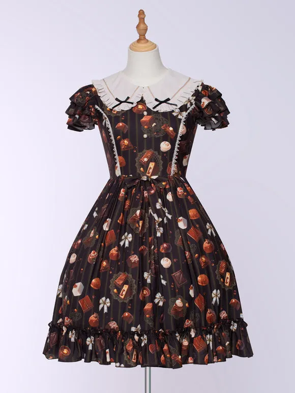 Black Brown Lolita Dress Chocolate Cake Print Polyester Sleeveless Sweet Lolita Dress