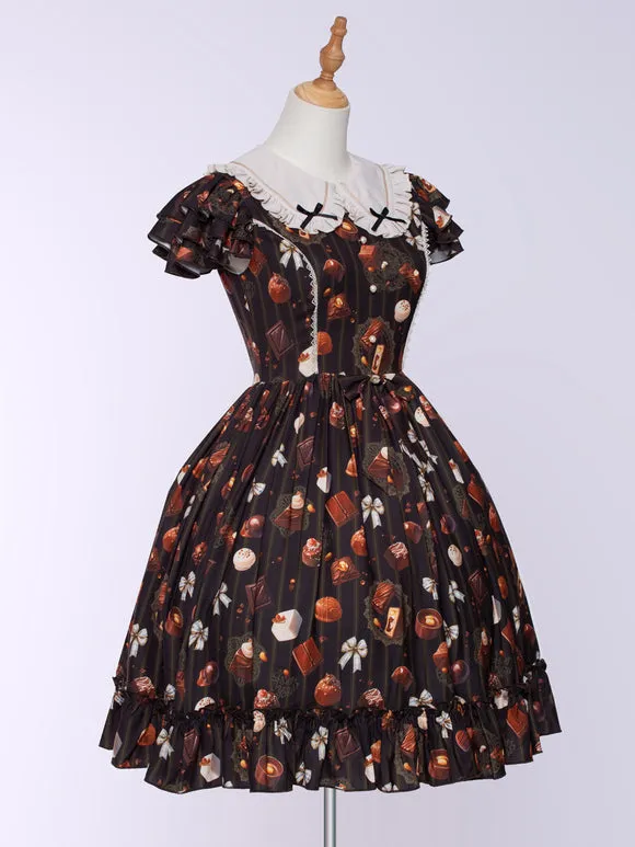 Black Brown Lolita Dress Chocolate Cake Print Polyester Sleeveless Sweet Lolita Dress