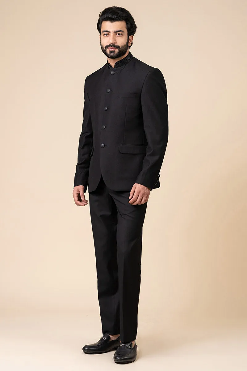 Black Classic Bandhgala With Embroidered Collar