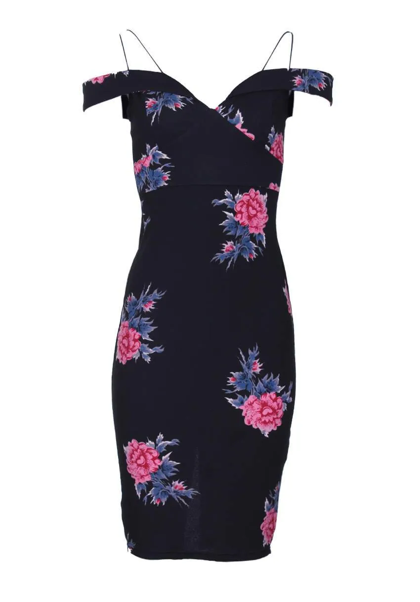 Black Cold Shoulder Floral Bodycon Midi Dress