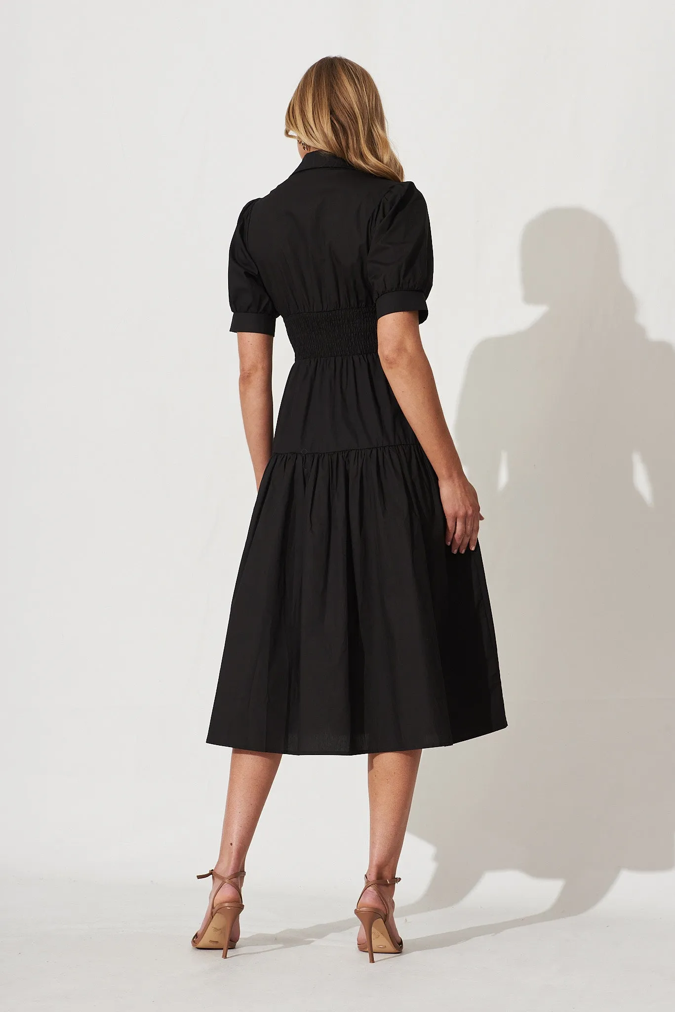Black Cotton Midi Shirt Dress: Fairfax Style