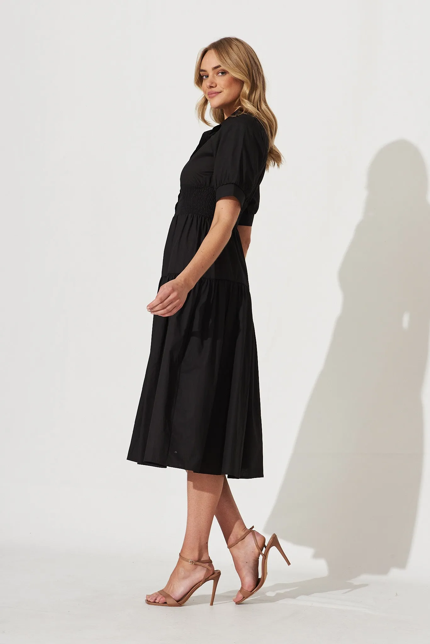Black Cotton Midi Shirt Dress: Fairfax Style