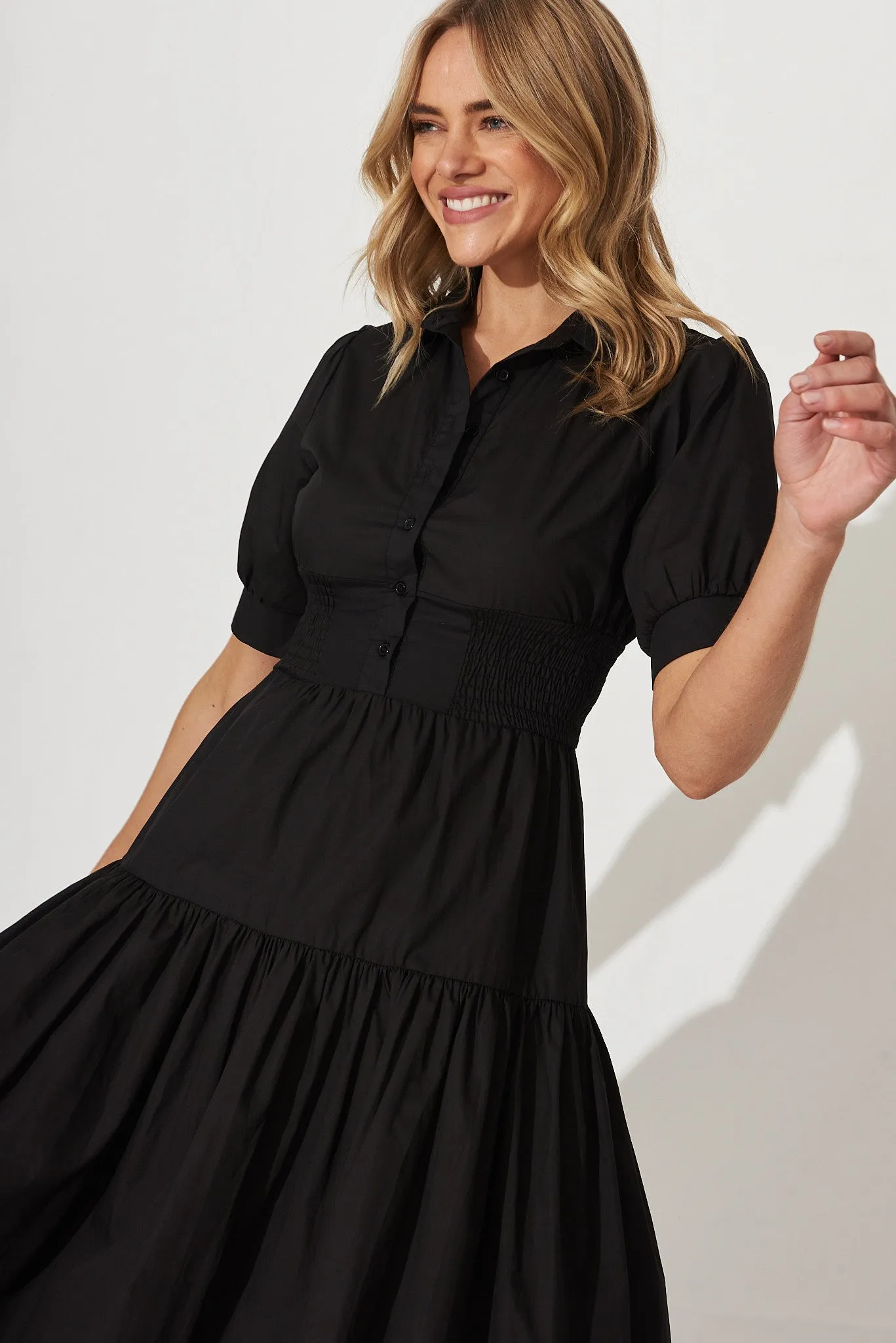 Black Cotton Midi Shirt Dress: Fairfax Style