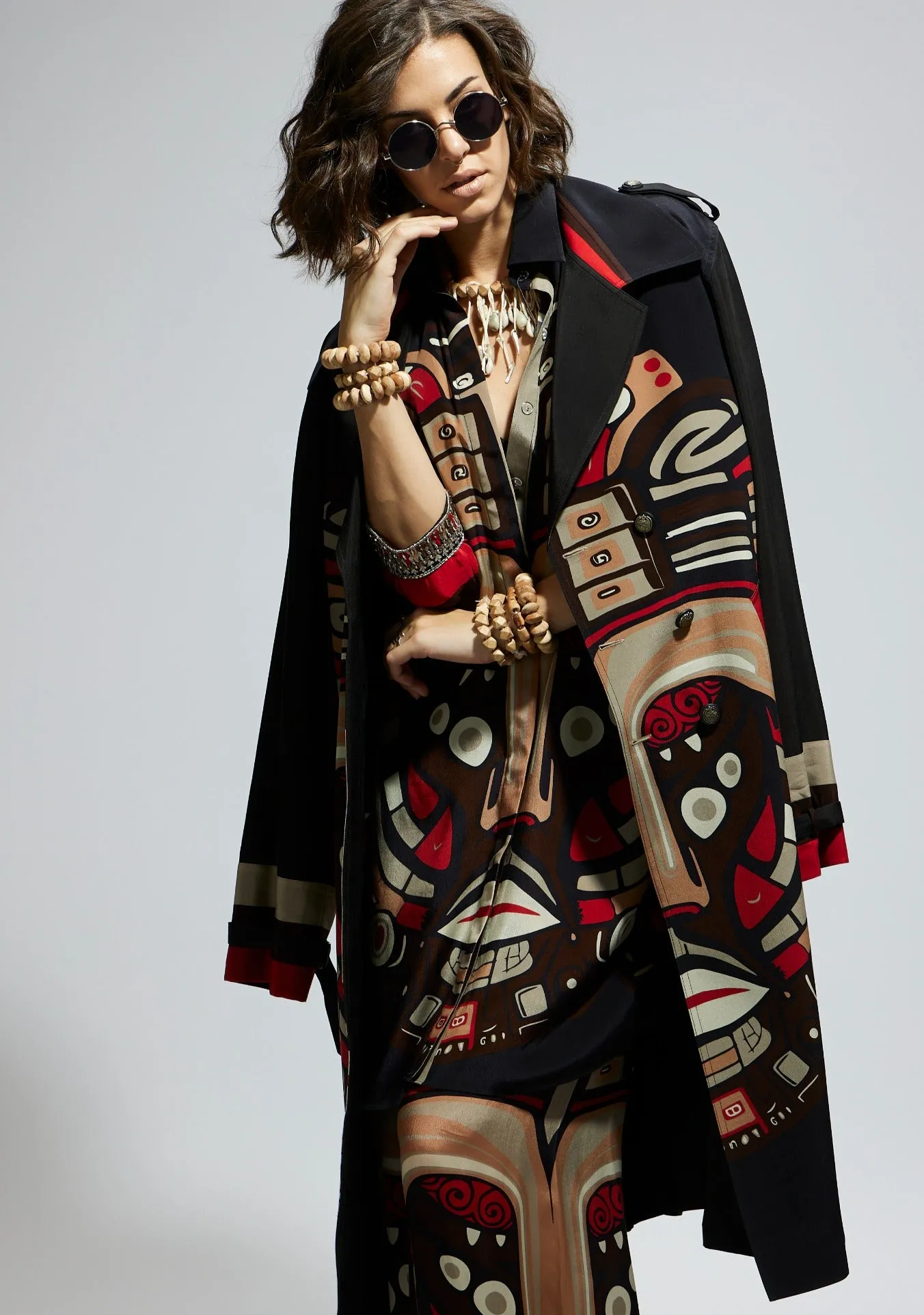 Black crepe mask print trench coat