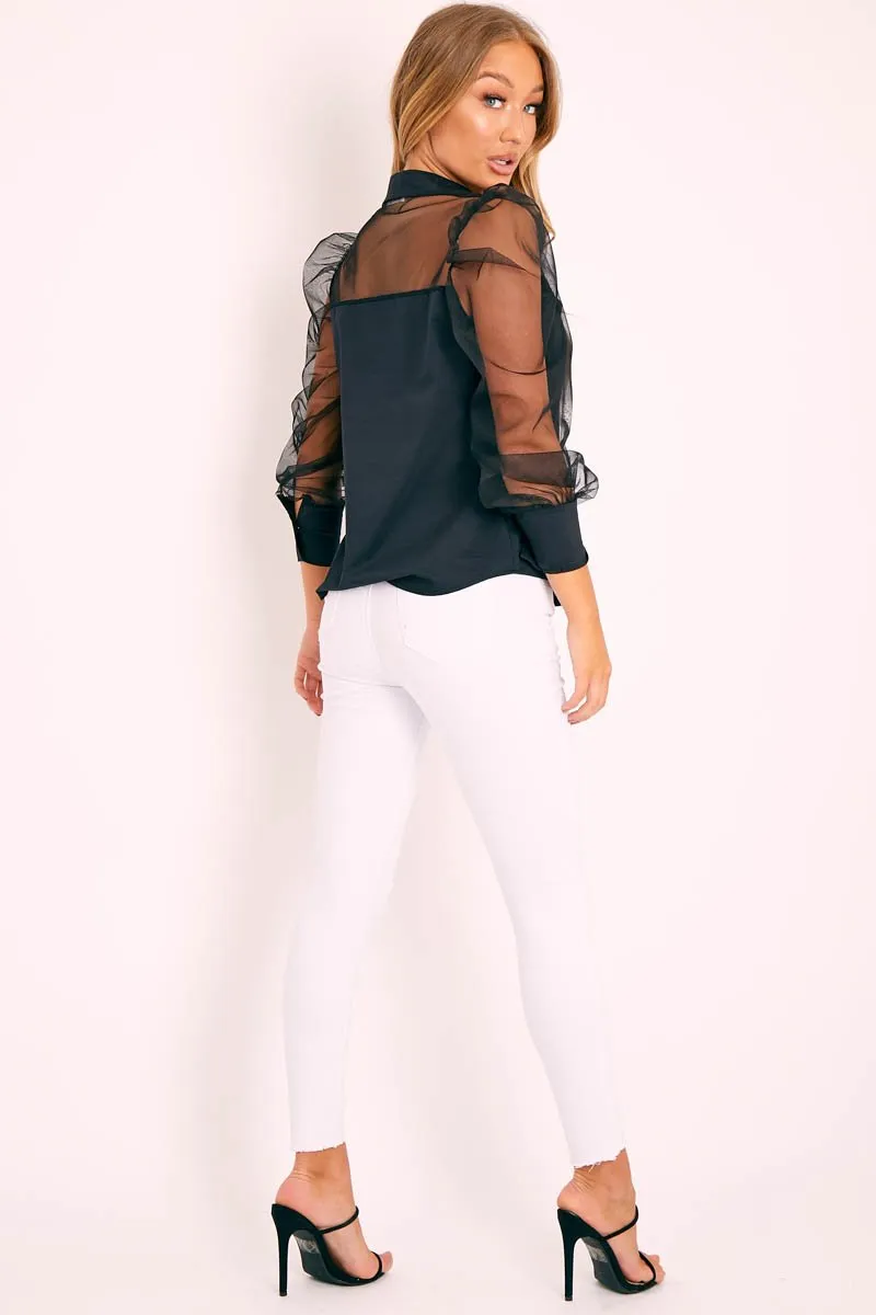 Black Half Mesh Puff Sleeve Shirt - Hallie