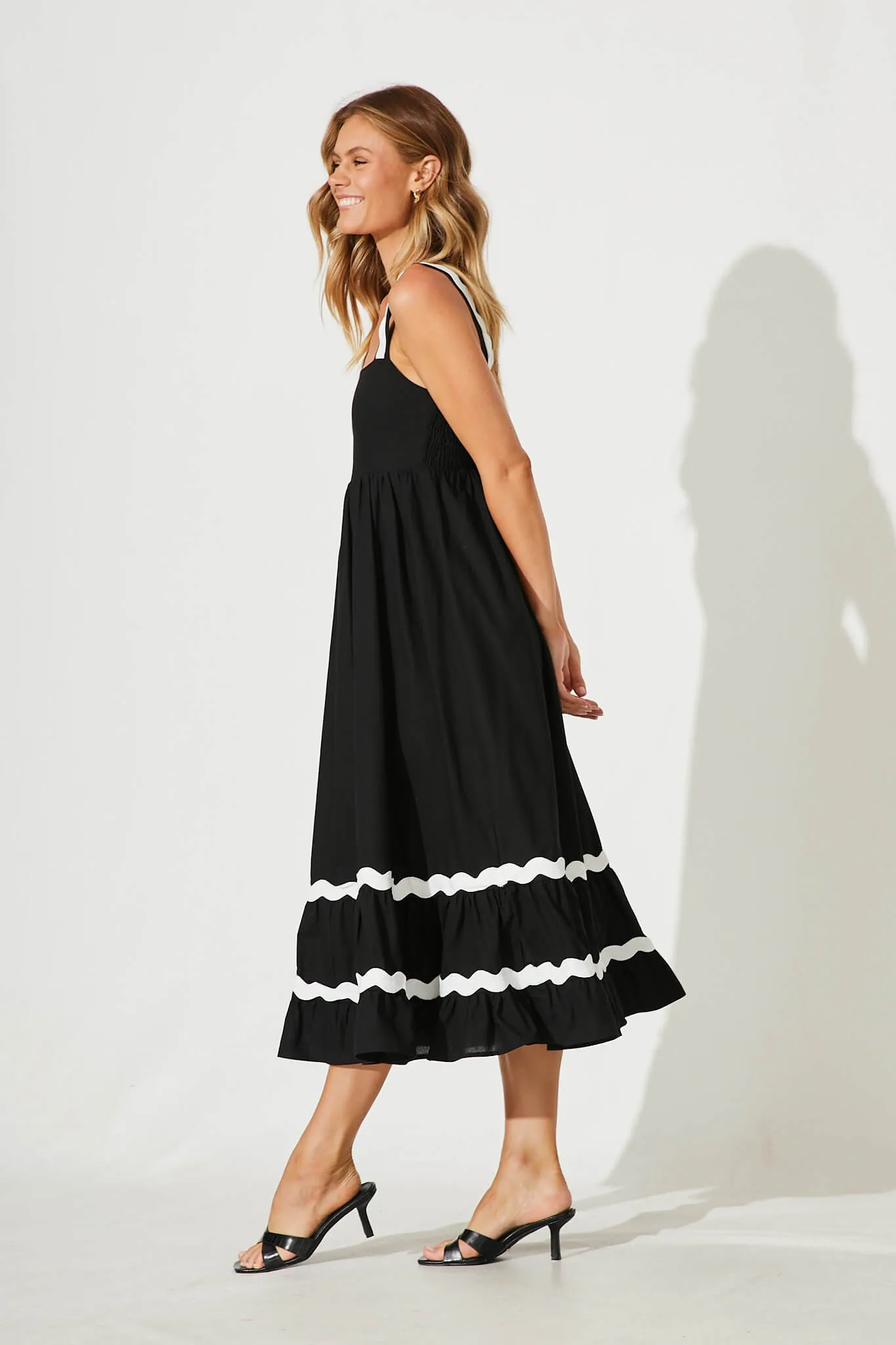 Black Midi Sundress with White Ric Rac Trim - Cotton