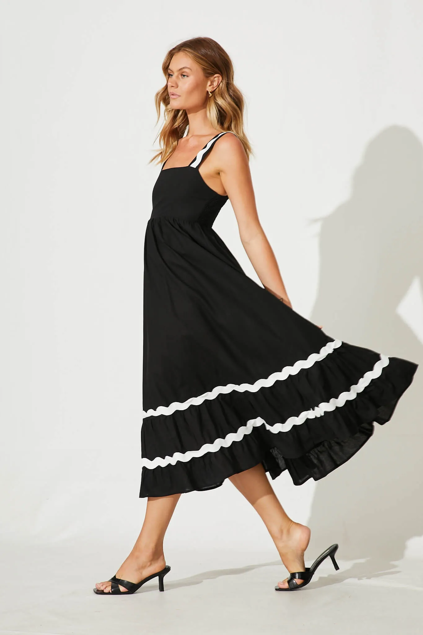 Black Midi Sundress with White Ric Rac Trim - Cotton