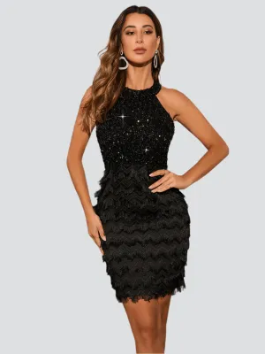 Black Sequin Cutout Bodycon Party Dress MCW1048