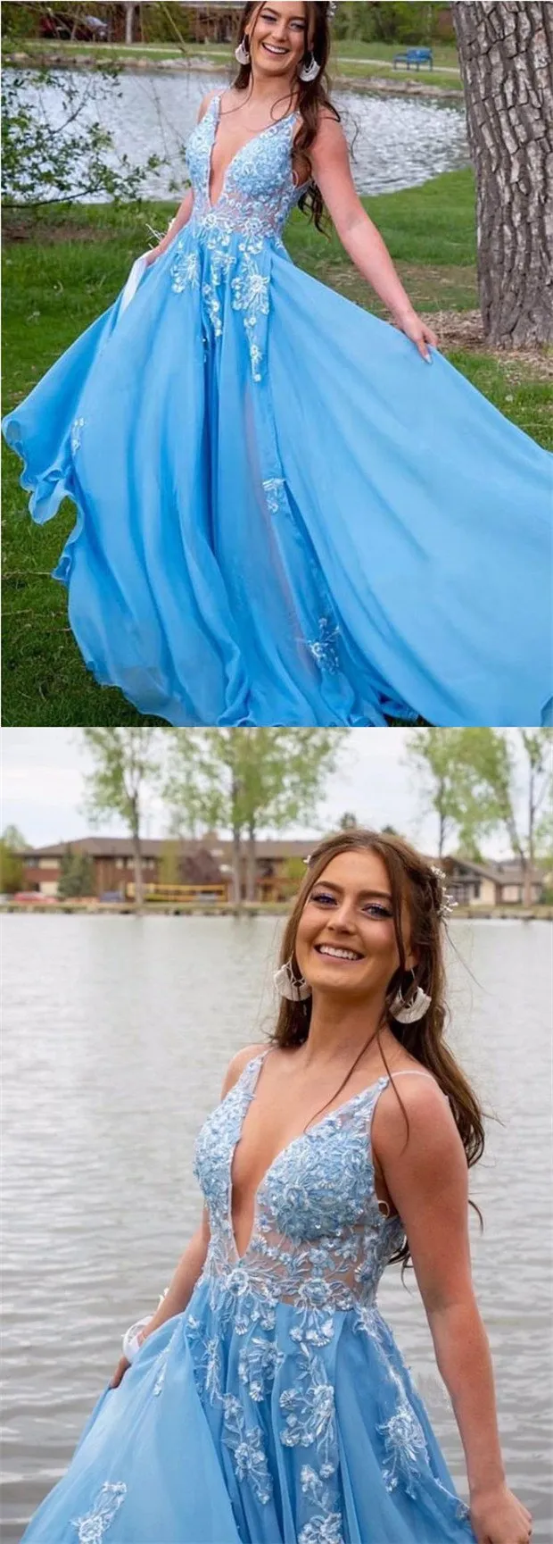 Blue A-line V-neck See Through Long Prom Dresses Online, Dance Dresses,12531