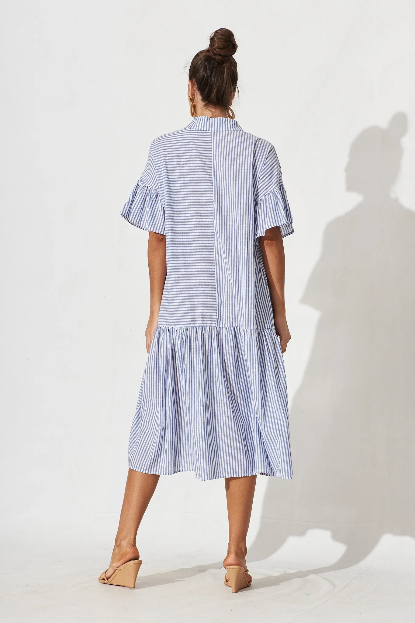 Blue & White Striped Cotton Midi Shirt Dress