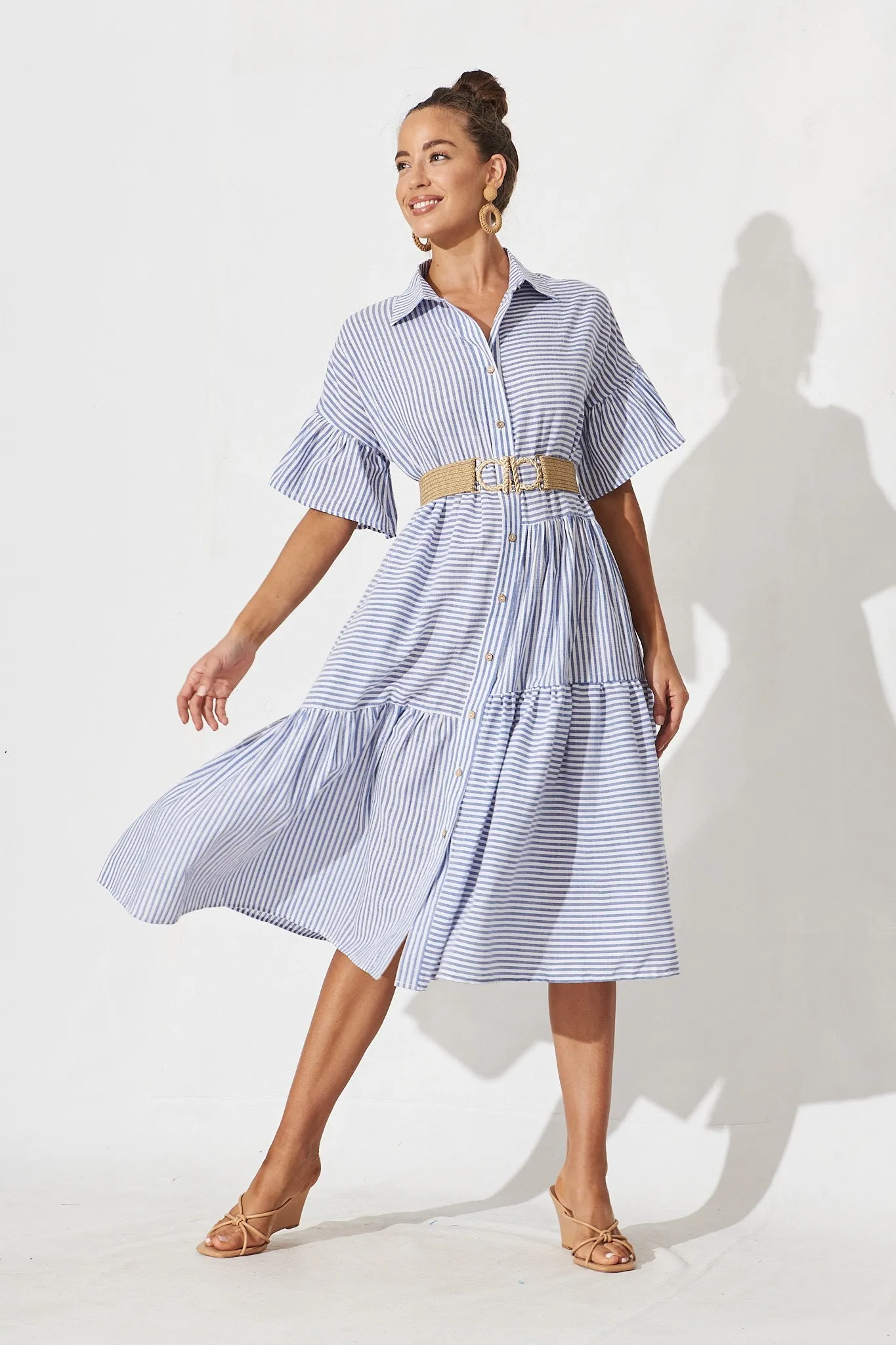 Blue & White Striped Cotton Midi Shirt Dress