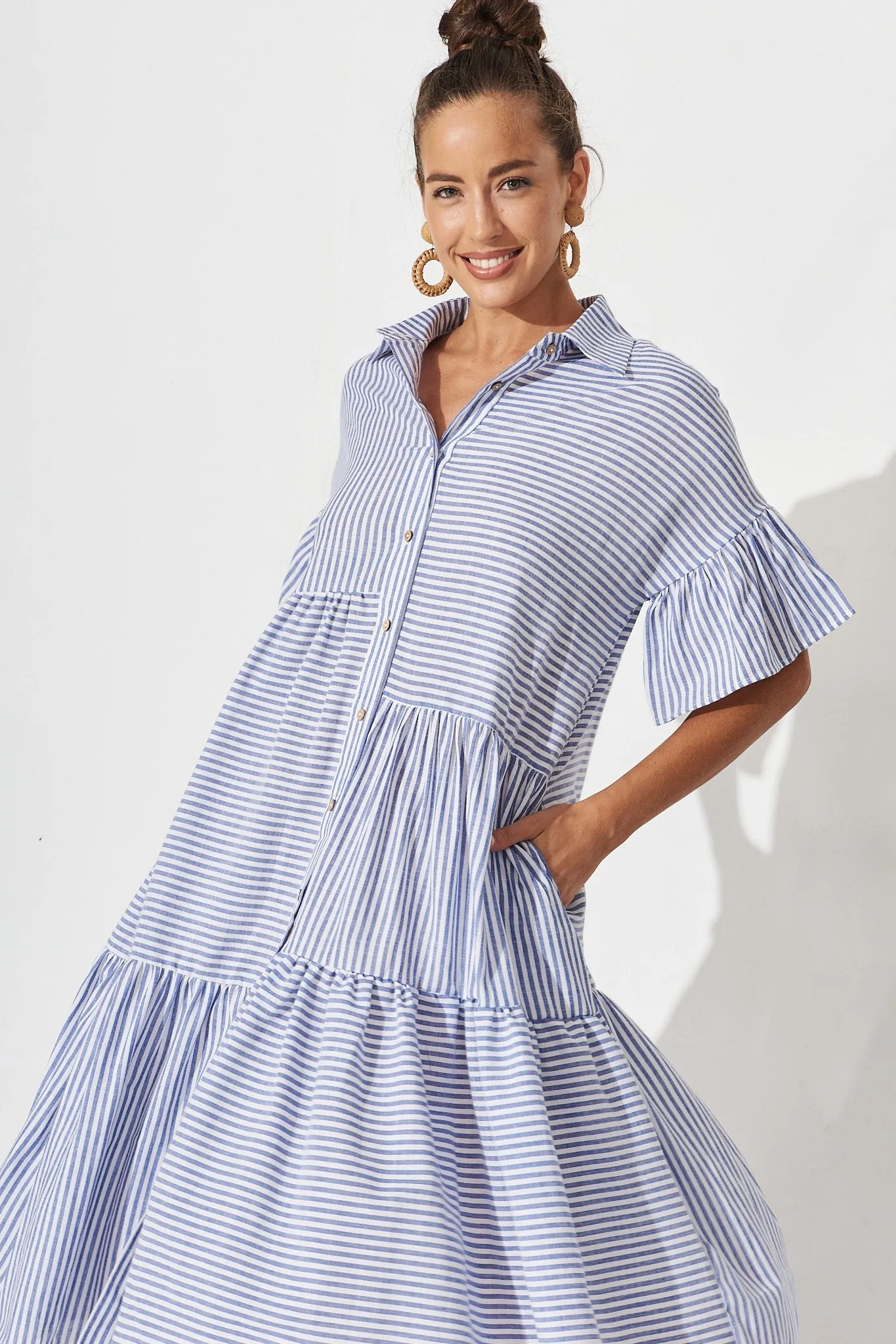 Blue & White Striped Cotton Midi Shirt Dress