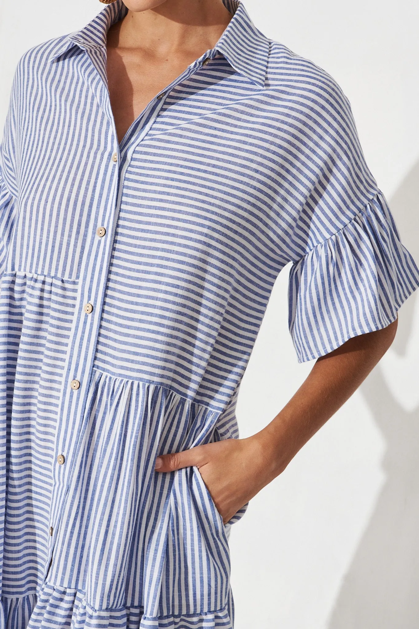 Blue & White Striped Cotton Midi Shirt Dress