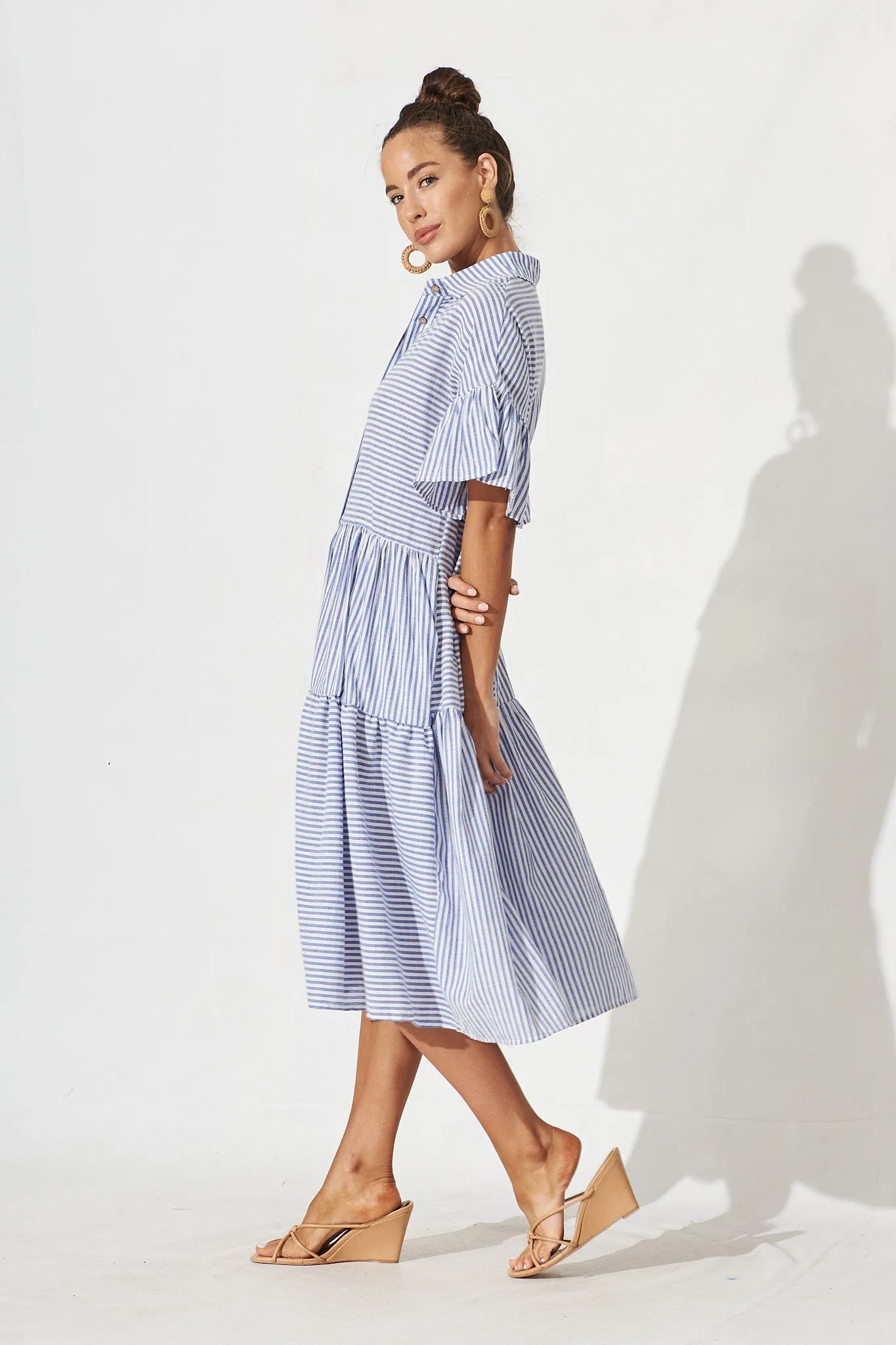 Blue & White Striped Cotton Midi Shirt Dress