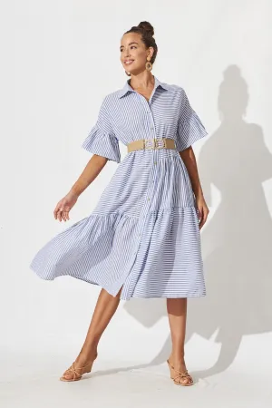 Blue & White Striped Cotton Midi Shirt Dress