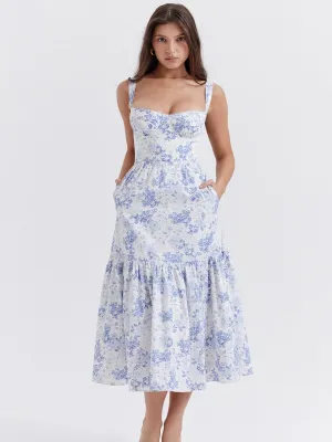 Blue Floral Printed Tiered A-Line Dress