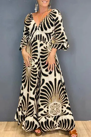 Boho Maxi Dress | V-Neck & Bell Sleeves | Flowy & Elegant