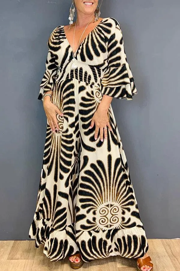 Boho Maxi Dress | V-Neck & Bell Sleeves | Flowy & Elegant