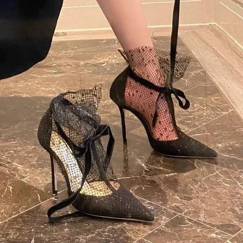 Breathable lace mesh high heels for women's