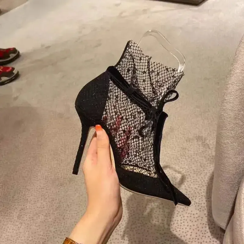 Breathable lace mesh high heels for women's