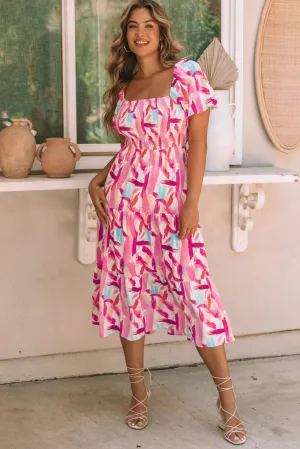 Brush Stroke Smocked Ruffle Tiered Dress
